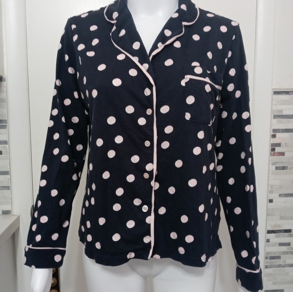 Kate Spade Button down Long Sleeve Navy Blue Pink Polka dot pajama top w pocket